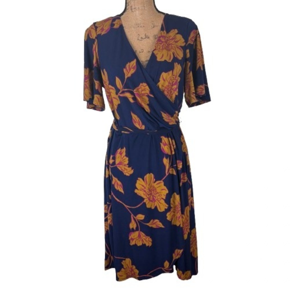 Donna Morgan Floral Faux Wrap Midi Dress Navy Blue Mustard Yellow Size 12